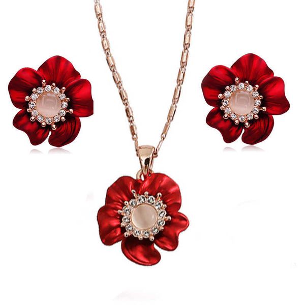 

moonrocy rose gold color opal crystal necklace earring jewelry set red flower for women gift dropshipping wholesale gift h1022, Silver