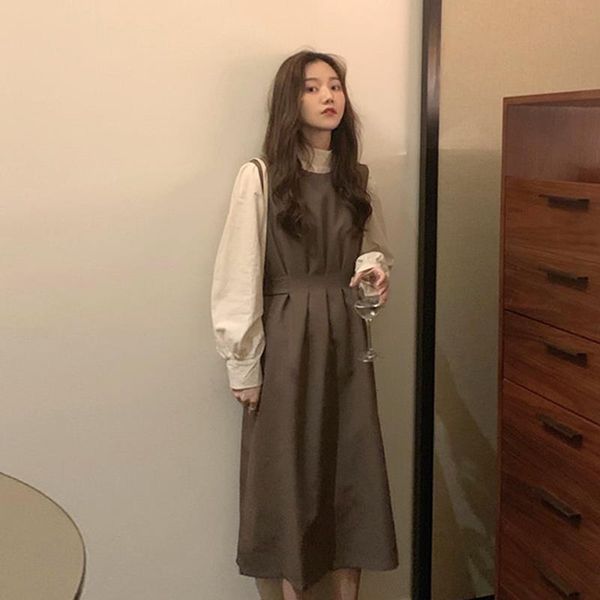 

women autumn vintage high waist preppy style brace strap a-line pleated dress long sleeve blouse shirt, Gray