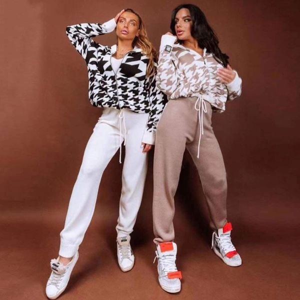 

women's two piece pants jacquard knit set 2021 autumn zipper long sleeve hooded sweater & elastic 2 casual, White
