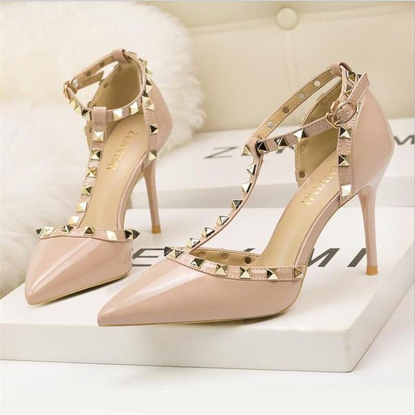 

dress shoes 10cm pumps 2021 women's summer fashion female sandals rivet metal decoration pu leather style women high heels, Black