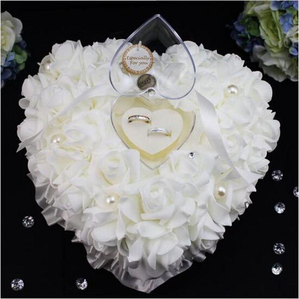 

gift wrap heart shape white crystals pearl bridal ring pillow organza satin lace bearer flower rose pillows wedding supplies