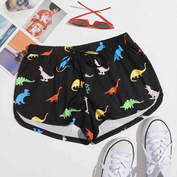 

mid waist dinosaur print womens shorts drawstring sports summer fashion casual ladies workout gym fitness homewear, White;black