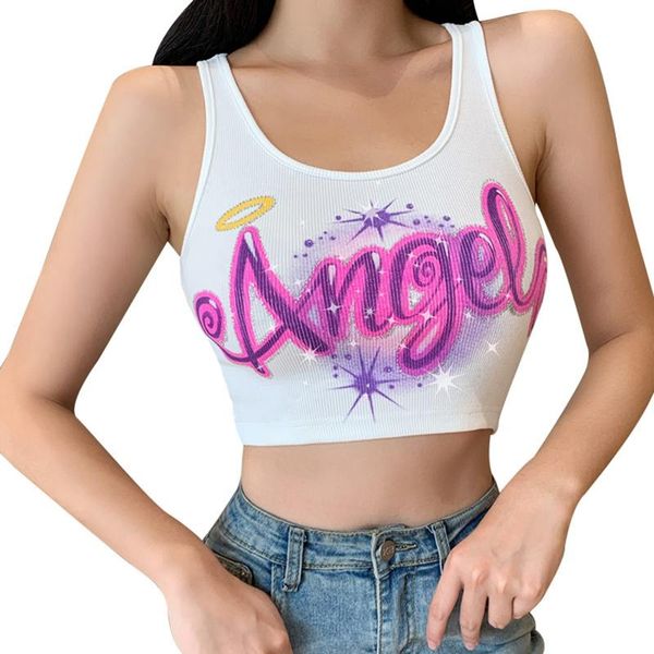

women's tanks & camis stylish women tank letter print sleeveless crop for ladies t shirt streetwear womens clothing tee vest, White