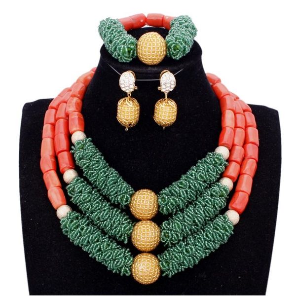 

earrings & necklace dudo african set green bold crystal pippar 100% original coral beads jewelry with gold balls 2021, Silver