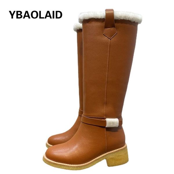 

boots 2021 winter thick heel round toe furry large size sleeve warm snow cow leather casual all-match knee-length, Black
