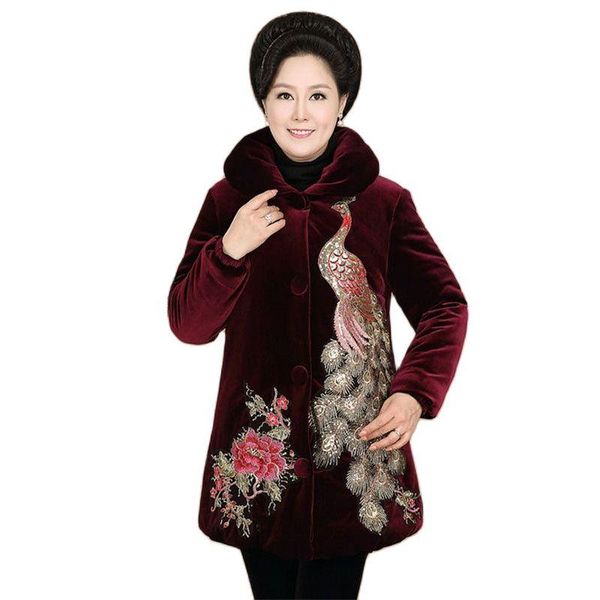 

women's trench coats winter warm parkas gold velvet embroidery windbreaker large size middle aged mother elegant coat 5xl w2408, Tan;black
