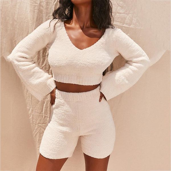 

women's tracksuits casual plush knitted two piece sets women fluffy flare sleeve v neck cropped and bodycon shorts suits slim female o, Gray