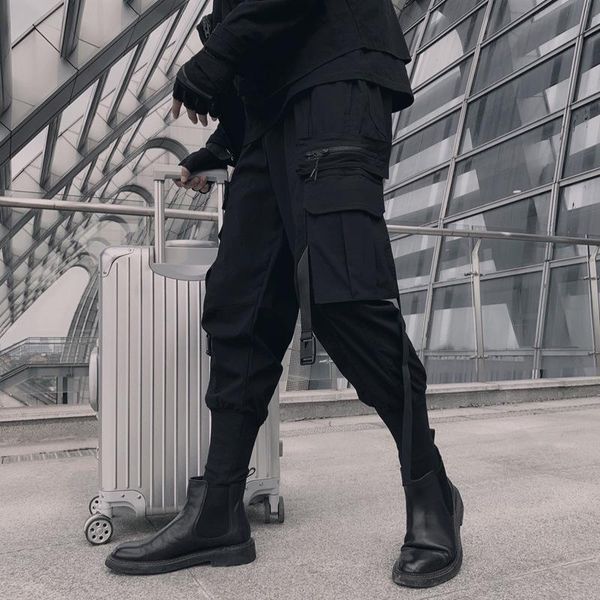 

men's pants 2021 streetwear men holiday travelling casual ribbons loose trousers hip hop cargo outdoor joggers sweatpants, Black