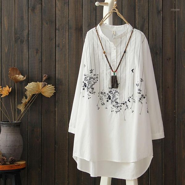 

women's blouses spring autumn arts style women long sleeve loose shirts cotton female stand collar embroidery vintage white blouse d446