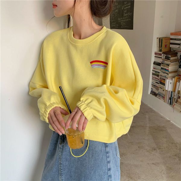 

2021 deeptown raiow bordado moda casual s de cintura alta pulver slido manga comprida solto preto hoodie feminino 7yes, Black