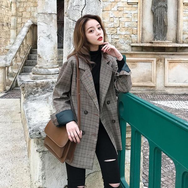 

women's wool & blends 2021 spring korean version of the plaid suit loose coat female models brown long section1, Black
