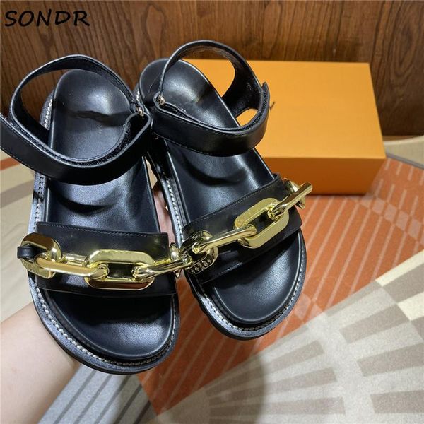 

sandals fashion brand designer shoes woman summer chain platform flats women genuine leather beach casual sandalias mujer 2021, Black