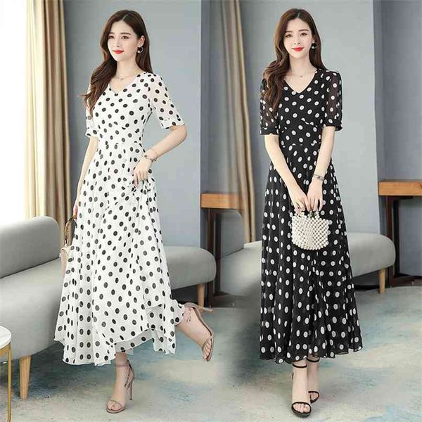 

4xl plus size summer vintage boho midi dresses polka dot chiffon white casual beach dress women bodycon party maxi vestidos 210528, Black;gray