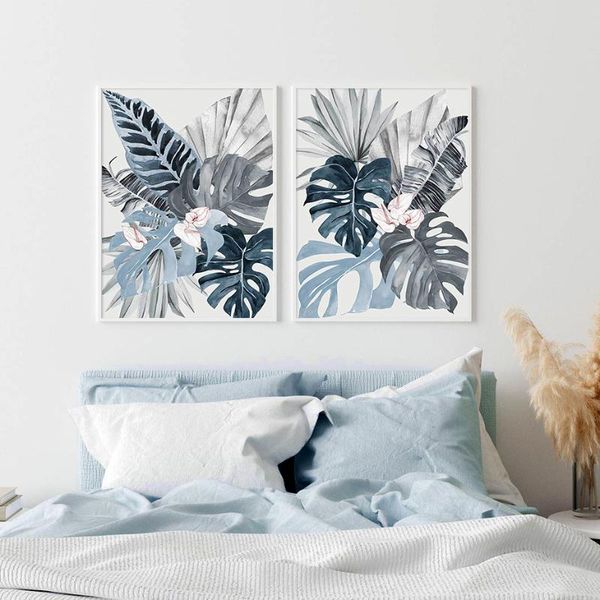 

modern floral tropical poster blue palm leaf canvas painting wall art prints picture for living room bedroom home decoration