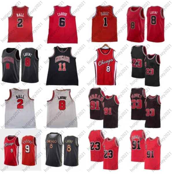 

2 lonzo ball zach 8 lavine basketball jersey 6 alex caruso derrick 1 rose 11 demar derozan 9 vucevic mens 23 dennis 91 rodman scottie 33 pip, Black;red