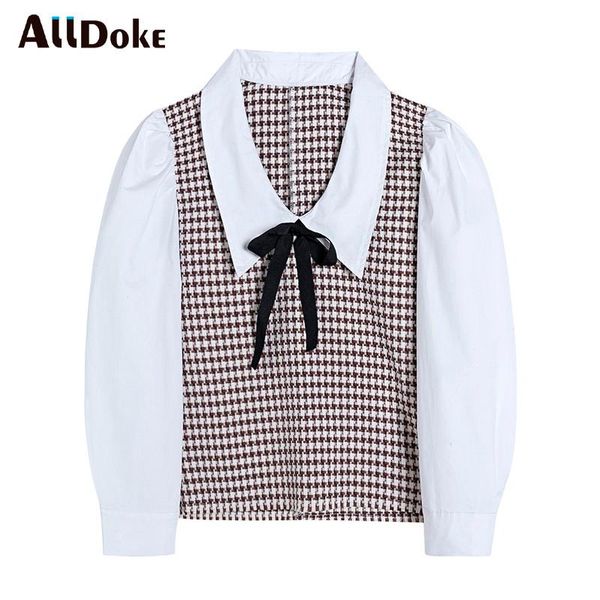 

women's blouses & shirts alldoke spring 2021 houndstooth tweed spliced bow turn-down collar blouse women vintage puff sleeve blusas fem, White