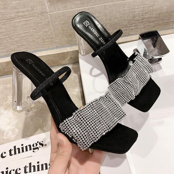 

slippers 2021 summer crystal high heels square toe rhinestone sandals women ytmtloy house zapatillas casa mujer sapato, Black