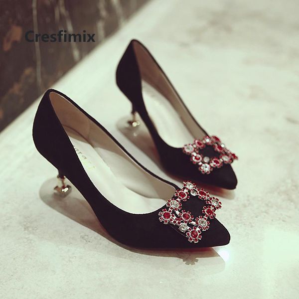 

dress shoes cresfimix women comfortable spring slip on high heel pumps lady casual crystal mujer tacones altos a3205, Black
