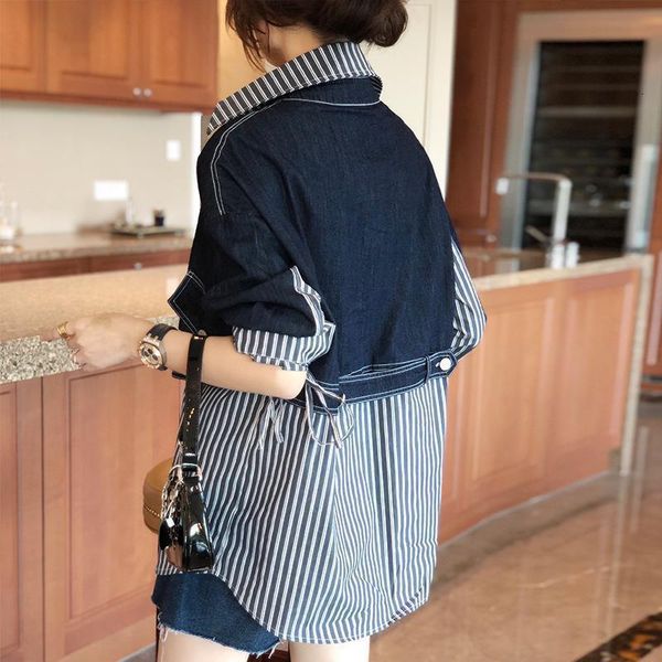 

women's jackets coat sewn into denim, with two fake pieces, medium-length female striped shirt, korean spring fashion, european station, Black;brown