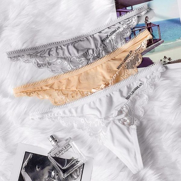 

women's panties lace letter printed low-waist briefs ice silk bow ladies temptation thin soft thong, Black;pink