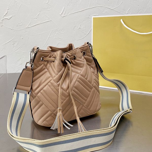 

soft pure color leather bucket bag geometric line pattern women's shoulder bags wide strap drawstring crossbody purse cool fashion hand