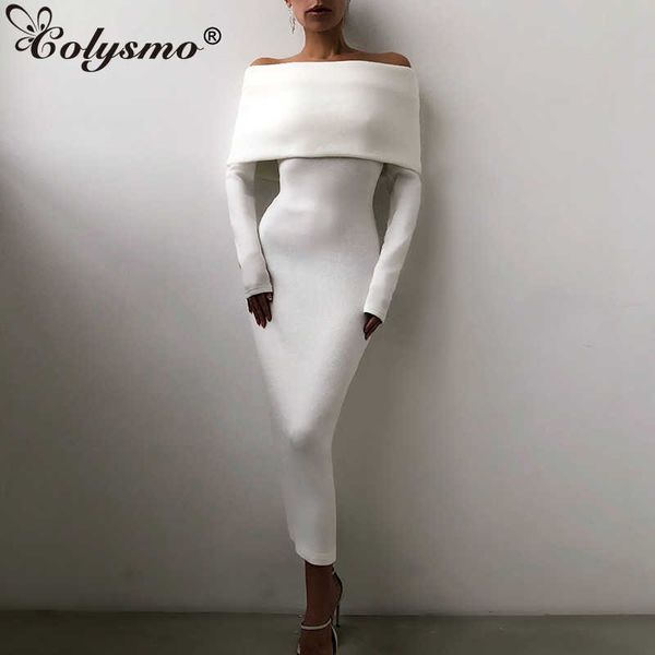 Colysmo manga longa vestido branco fora do ombro cor sólida magro ajuste maxi mulher elegante festa robe senhoras moda vestidos 210527