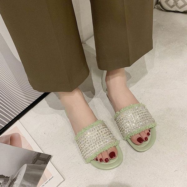 

tassel rhinestone flat slippers women shiny open toe slides summer shoes women candy colors casual slippers 2020 s3vx#, Black