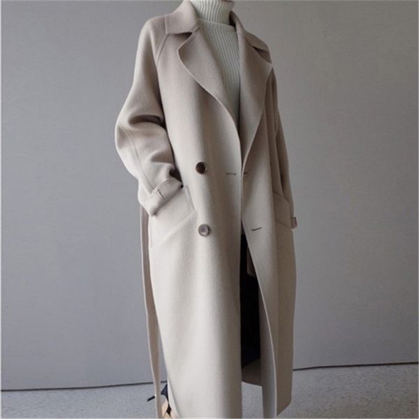 

autumn winter slim long coat women casual double breasted woolen coat female korean elegant office lady overisze outwear 201103, Black