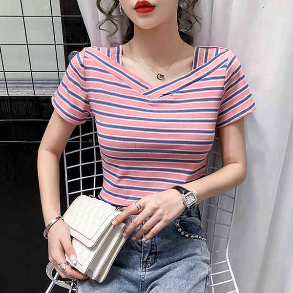 

women's t-shirt striped cotton t-shirt, with elasticity, for summer, low-, short sleeves, women's clothes, korean fashion, femme f, White