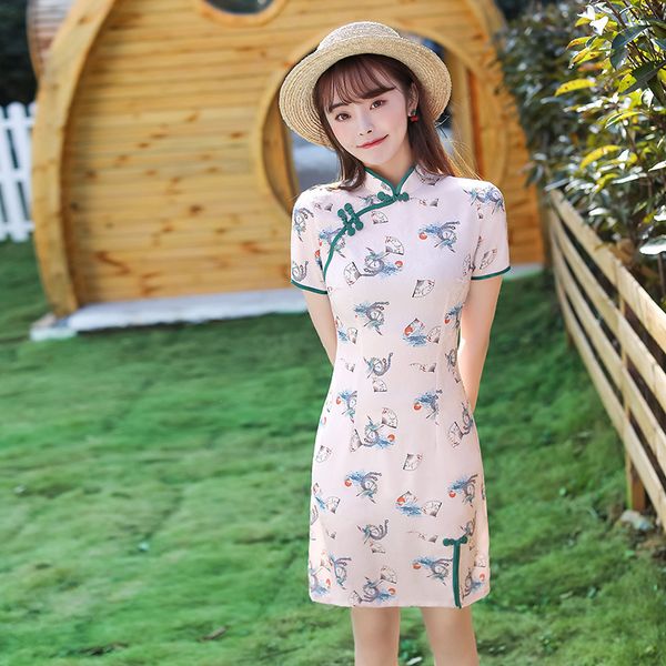 

summer flower fan printed satin mandarin collar mini qipao traditional chinese women short sleeve dress daily student cheongsam, Red