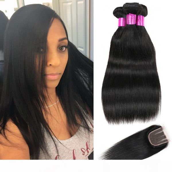 

peruvian virgin human hair weave 3 4 bundles with closure straight hair weaves bundles peruvian hair closure, Black;brown