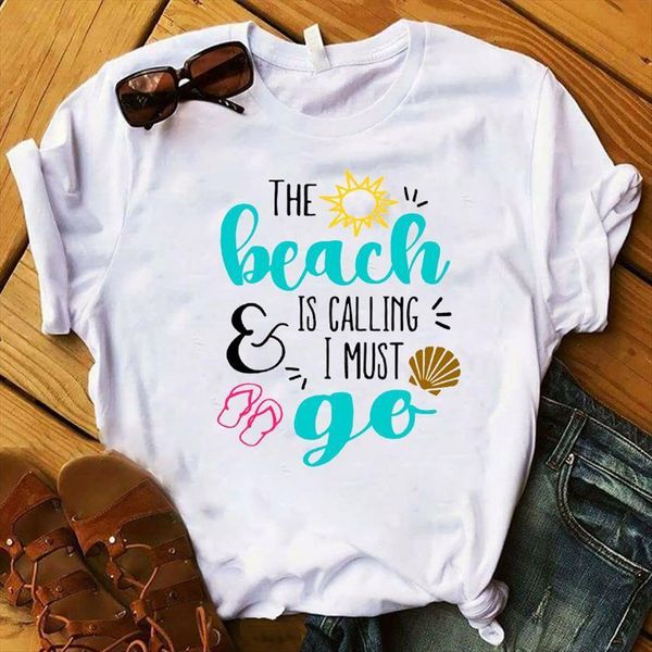 

beach is calling printed womens t shirts short sleeve loose tee female clothes graphic, White