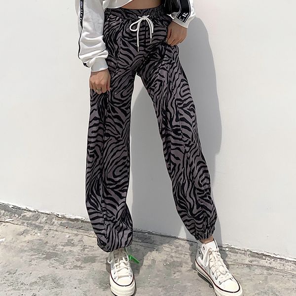 

animal zebra print casual sweatpants women fashion high waist pants capris drawstring baggy joggers pocket streetwear, Black;white