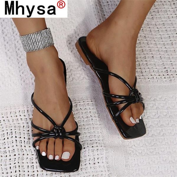 

sandals 2021 women's shoes fashion solid color pu simple t-shaped open toe flat heel comfortable outdoor casual beach, Black