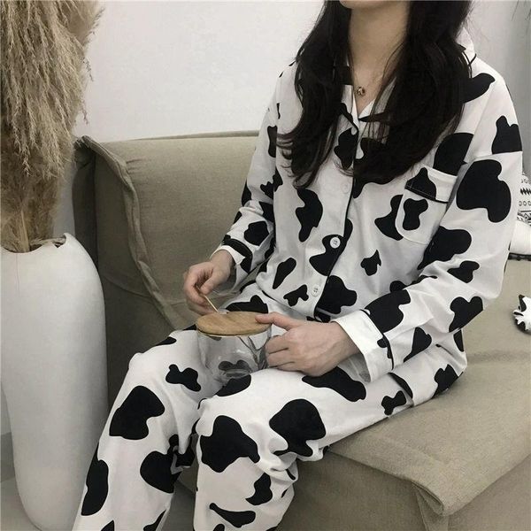 

gym clothing cow print pajamas for women cute nightwear sleepwear set autumn winter pyjamas girls homewear pijama mujer home clothes ladies, White;black