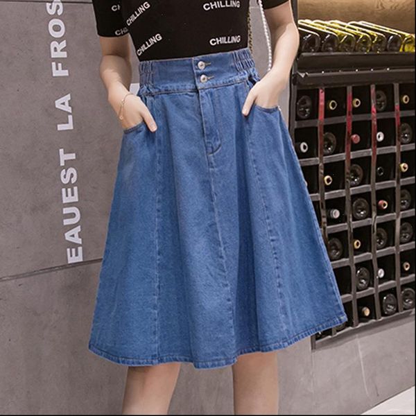 

summer vintage retro womens skirt plus size high waist pleated knee length female solid color button denim x347, Black