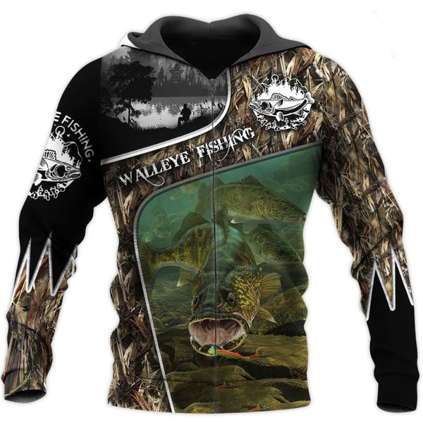 

men's hoodies & sweatshirts fishing camo 3d all over printed hoodie for men/women harajuku fashion animal zip hooded sweatshirt casual, Black