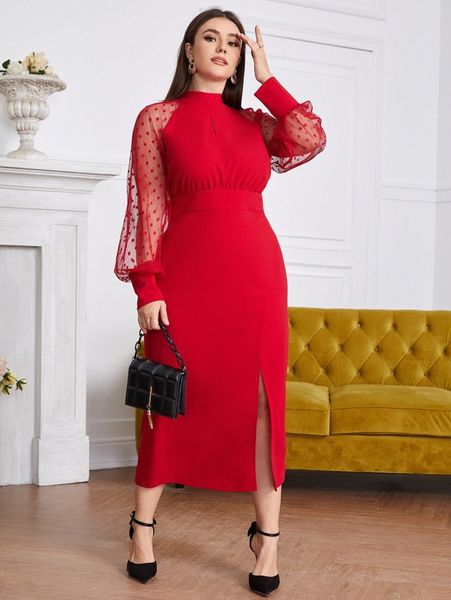 

plus dobby mesh sleeve split hem peekaboo dress f2or#, Black