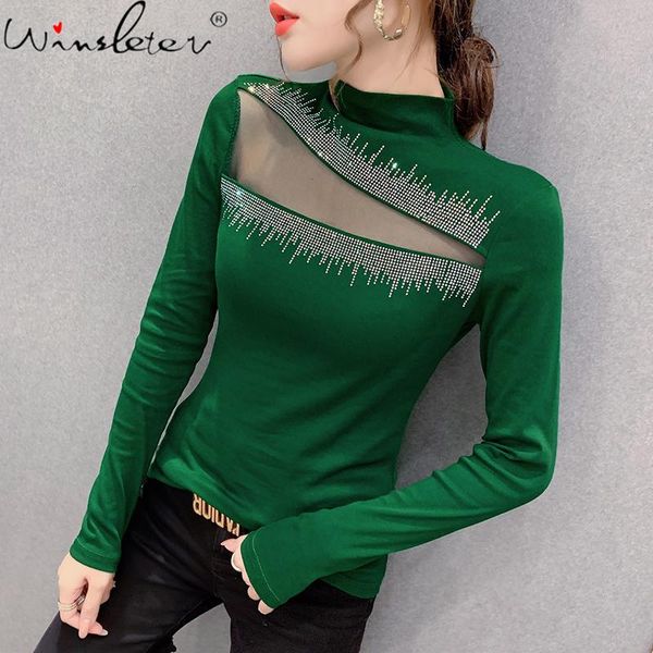 

spring fall european clothes t-shirt chic patchwork mesh shiny diamonds ropa mujer cotton bottoming shirt tees t00904a, White