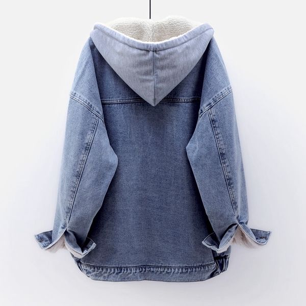 

2021 winter thick warm black hooded lamb fur liner denim coat women outwear oversized loose mid long jeans jacket female sljr, Black;brown