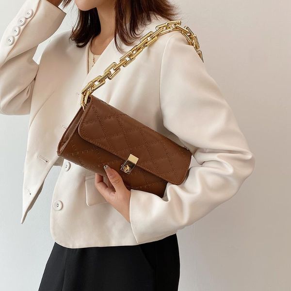 

evening bags luxury women's shoulder 2021 lattice pattern pu leather handbags female gold thick chain underarm party flap clutch