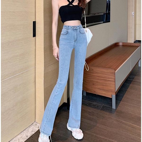 

women's jeans split women summer thin cection spring and autumn 2021 high waist micro flared wide leg pants, Blue