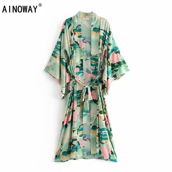 Boho Vintage Verde Floral Impressão Sashes Mulheres Bohemian V Neck Batwing Sleeves Happy Blusas Casuais Blusas Robe Kimono T200321