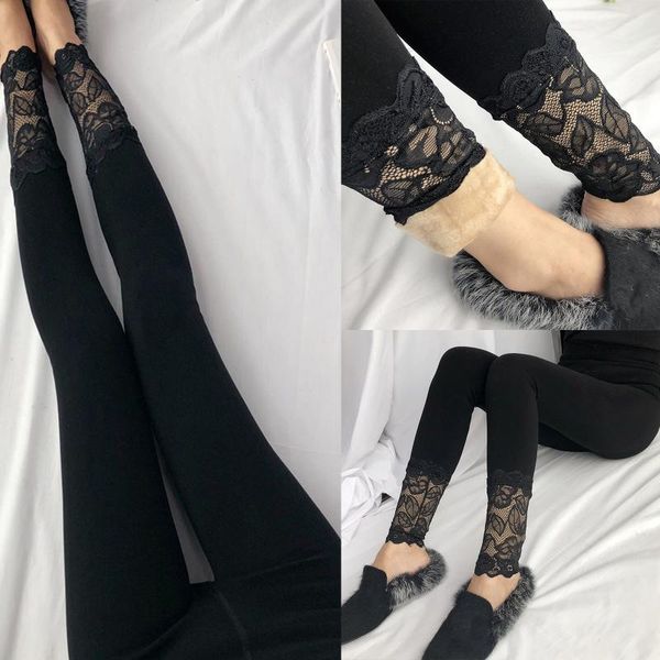 

women's leggings fashion autumn and winter high elasticity good quality thick lace velvet pants warm, Black
