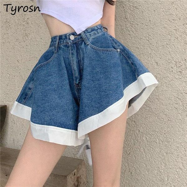 

women's shorts panelled a-line denim women fashion high waist irregular patchwork wide leg trousers girls baggy chic design harajuku, White;black