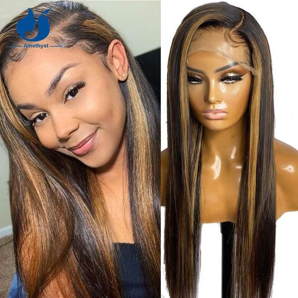 

amethyst brazilian human hair 13x4 lace front wig with baby hair #1b highlight blonde silky straight lace front wigs pre-plucked, Black;brown
