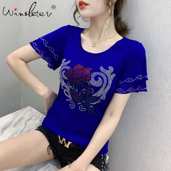 Sommer Koreanische Kleidung T-shirt Mode Diamanten Rose Frauen Tops Ropa Mujer Kurzarm Rüschen Sexy Back Tees Schwarz T06618 210306