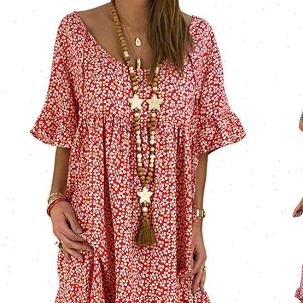 

ladies short sleeve print chiffon loose dress womens round neck printed ruffled sleeve lace dress girl dress robe longue boheme, Black;gray