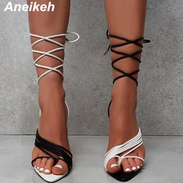 

sandals aneikeh summer women shoes ankle strap pu cross-tied thin heels lace-up color matchin dress black pointed toe 35~42