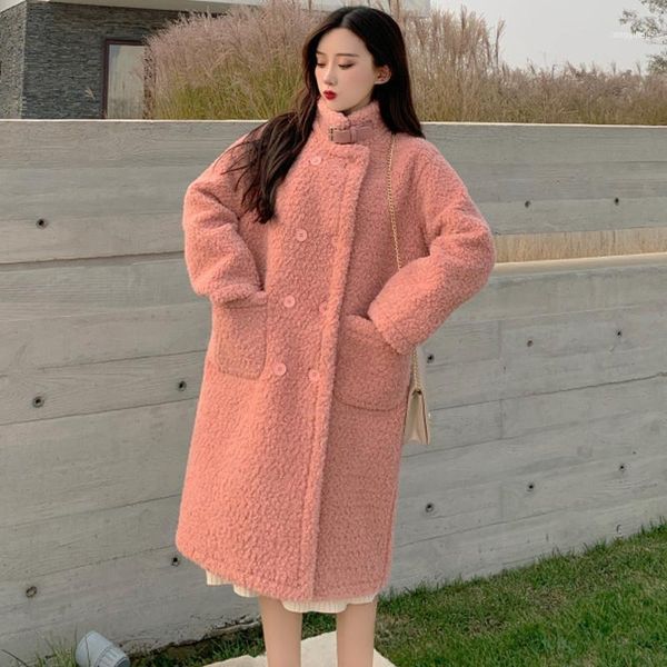 

women's fur & faux women autumn winter imitate lamb wool coat female double breasted long plush famale jacket korean thicken ladies out, Black